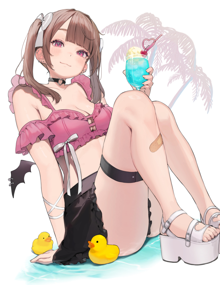 1girl absurdres arm_support bandaid bandaid_on_leg barbell_piercing black_choker black_skirt blush bow breasts brown_hair cherry choker cleavage closed_mouth commentary_request crazy_straw crop_top cup demon_wings drink drinking_straw dutch_angle ear_piercing earrings feet food frilled_shirt frilled_skirt frills fruit hair_bow hamunezuko_(nezukonezu32) head_tilt heart heart_o-ring heart_ring_choker heart_straw highres holding holding_cup holding_drink ice_cream jewelry knees_up long_hair looking_at_viewer medium_breasts midriff mole mole_under_eye o-ring o-ring_choker original palm_tree piercing pink_eyes pink_shirt platform_sandals rubber_duck sandals shirt sitting skirt smile solo thigh_strap toes tree twintails white_background white_bow white_sandals wing_piercing wings