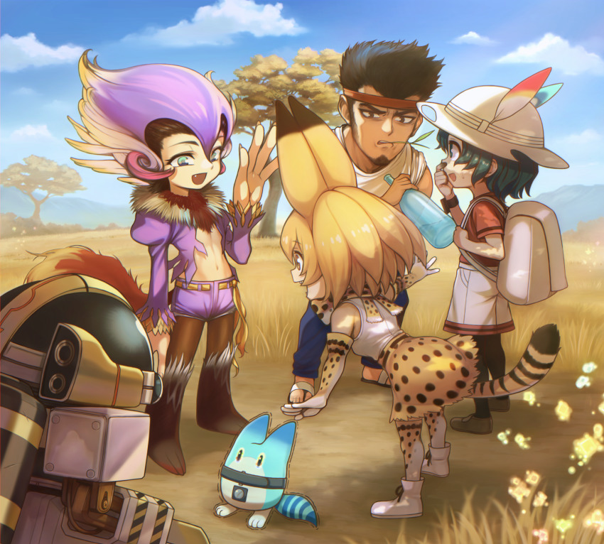 2girls animal_ears backpack bag black_hair blonde_hair breasts crossover elbow_gloves gen_(saga) gloves hat hat_feather highres kaban_(kemono_friends) kemono_friends lucky_beast_(kemono_friends) mecha multiple_boys multiple_girls open_mouth pantyhose purple_hair riki_(saga) robot saga saga_frontier serval_(kemono_friends) shirt short_hair shorts skirt sleeveless smile t260g_(saga) tail unknown_showhey