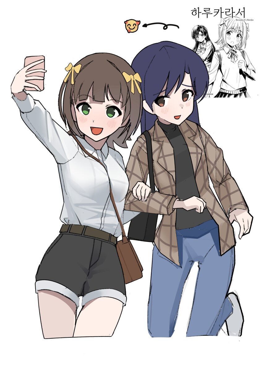 2girls :d absurdres amami_haruka asymmetrical_bangs bag bakawahitori belt between_breasts black_shirt black_shorts blouse blue_eyes blunt_bangs breasts brown_bag brown_eyes brown_hair ch2haya_p cropped_legs denim dot_nose dress_shirt emoji english_text flipped_hair green_eyes hair_intakes hair_ribbon handbag highres holding holding_phone idolmaster idolmaster_(classic) idolmaster_million_live! idolmaster_million_live!_theater_days inset jeans kisaragi_chihaya korean_text light_blush long_hair long_sleeves medium_breasts medium_hair multiple_girls open_clothes open_mouth open_shirt pants phone ribbon selfie shirt shoes shorts sidelocks smile straight_hair strap_between_breasts swept_bangs turtleneck white_background white_shirt white_shoes wing_collar yellow_ribbon