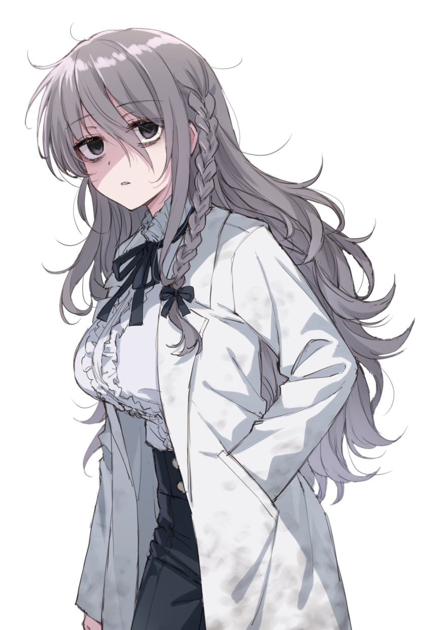 1girl aozora_kyoka bags_under_eyes black_bow black_bowtie black_eyes black_ribbon borrowed_character bow bowtie braid collared_shirt cowboy_shot dirty dirty_clothes grey_hair hair_between_eyes hand_in_pocket high-waist_pants highres lab_coat long_hair long_sleeves looking_at_viewer messy_hair original pants ribbon ringed_eyes shirt simple_background single_braid solo somechime_(sometime1209) white_background white_shirt