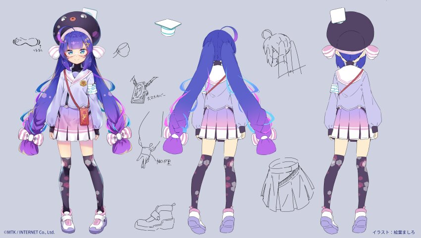 1girl absurdres ahoge animal_hat aqua_streaks armband artist_name black_hat black_thighhighs black_undershirt blue_eyes blue_hair blue_jacket blunt_bangs bow braid cellphone_strap closed_mouth colored_shoe_soles commentary_request company_name copyright_notice eel_hat eva_mashiro goggles gradient_clothes gradient_hair gradient_skirt grey_background hair_between_eyes hair_bow hair_ornament hairclip hat hat_ribbon highres honeycomb_(pattern) honeycomb_print jacket large_hat long_hair long_sleeves low-braided_long_hair low-tied_long_hair low_twintails mortarboard multicolored_hair multicolored_shoes multicolored_skirt multiple_views official_art otomachi_una otomachi_una_(voicepeak) over-kneehighs pink_skirt pink_streaks pleated_skirt print_thighhighs puffy_long_sleeves puffy_sleeves purple_skirt red-framed_eyewear reference_sheet ribbon safety_pin sailor_collar sailor_jacket shirt shoes shoulder_strap simple_background sketch skirt smartphone_case smile standing streaked_hair striped_bow striped_ribbon thighhighs turnaround turtleneck turtleneck_shirt twintails vertical-striped_bow very_long_hair voicepeak white_armband white_bow white_ribbon white_sailor_collar white_shoes