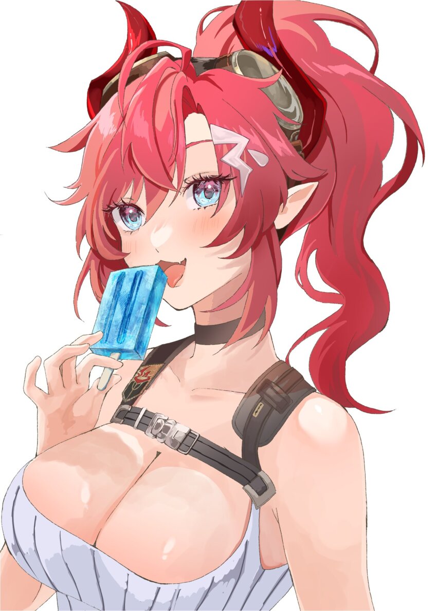1girl bare_shoulders black_choker blue_archive blue_eyes breasts buckle chest_harness choker cleavage collarbone commentary_request curved_horns demon_horns eating eyelashes fang food goggles goggles_on_head hachiko_(haciko85_35) hair_ornament hairclip harness high_ponytail highres holding holding_food holding_popsicle horns ice_cream large_breasts licking light_blush looking_at_viewer medium_hair megu_(blue_archive) open_mouth pointy_ears ponytail popsicle red_hair red_horns ribbed_shirt ribbed_tank_top shirt simple_background skin_fang snap-fit_buckle tongue tongue_out upper_body wavy_hair white_background