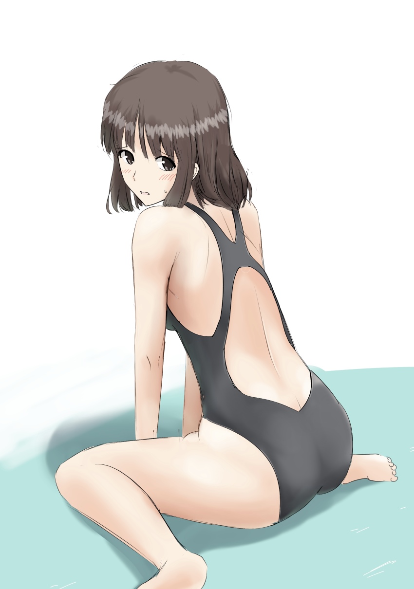 1girl absurdres amagami bare_arms bare_legs barefoot black_one-piece_swimsuit blush brown_eyes brown_hair competition_school_swimsuit competition_swimsuit feet_out_of_frame from_behind grey_one-piece_swimsuit gyuunyuu_pack_(tanaka) highleg highleg_one-piece_swimsuit highres looking_at_viewer looking_back medium_hair one-piece_swimsuit open_mouth raised_eyebrows school_swimsuit shoulder_blades sitting sketch soles solo straight_hair sweatdrop swimsuit tanaka_keiko_(amagami) wariza white_background