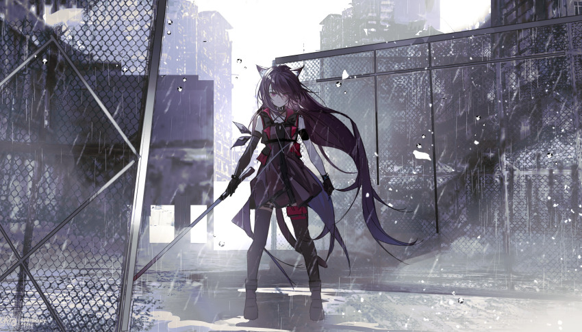 1girl absurdres animal_ears arknights axleaki black_gloves black_shoes black_thighhighs cat_ears cat_girl cat_tail chinese_commentary commentary commentary_request dress elbow_gloves english_commentary full_body gloves highres holding holding_sword holding_weapon long_hair looking_at_viewer melantha_(arknights) mixed-language_commentary partial_commentary purple_dress purple_eyes purple_hair rain shoes single_elbow_glove solo standing sword tail thighhighs very_long_hair weapon