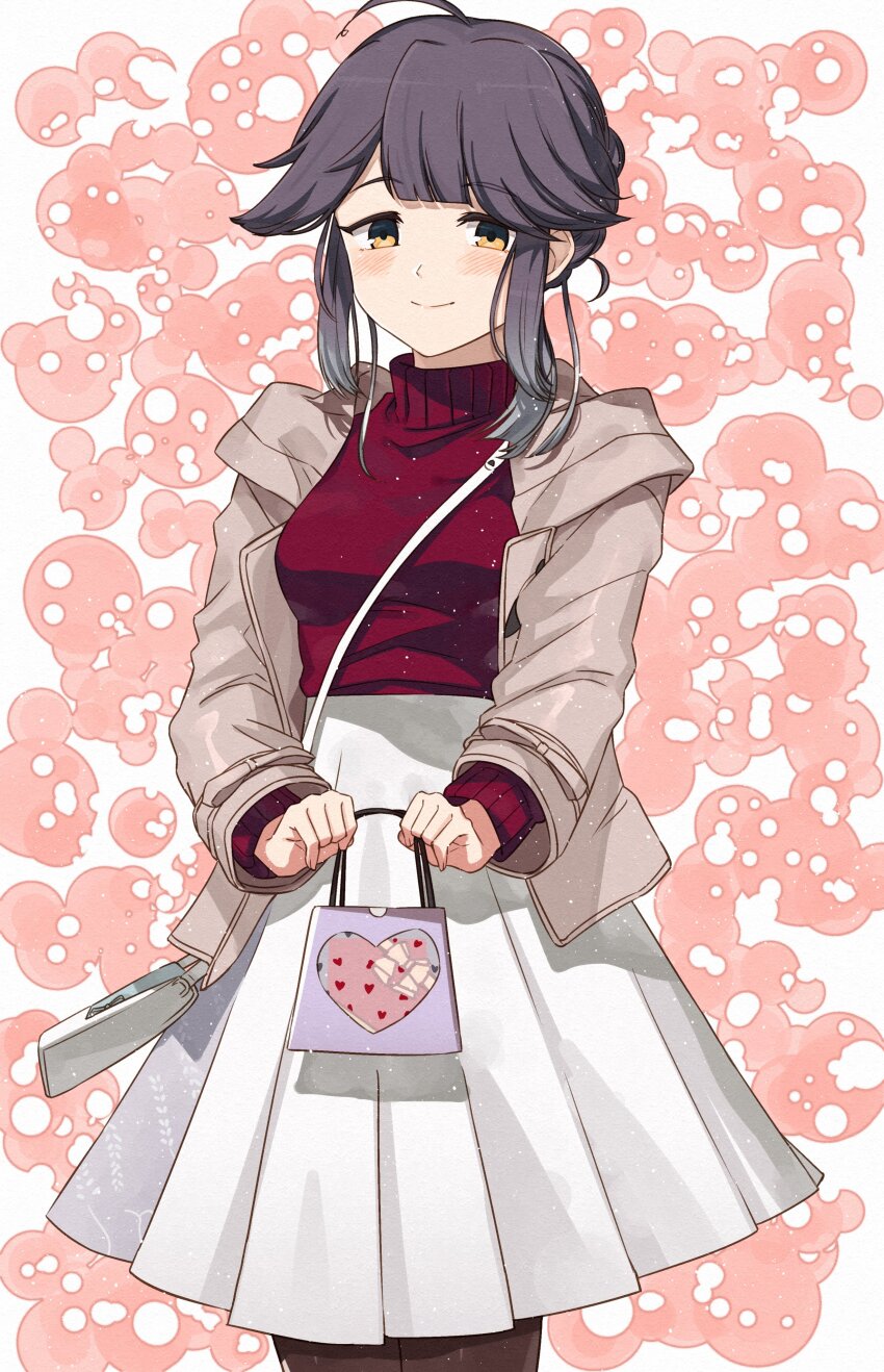1girl absurdres ahoge black_hair black_pantyhose blush breasts closed_mouth cowboy_shot grey_jacket hayanami_(kancolle) hayanami_(valentine)_(kancolle) highres holding jacket kanmiya_shinobu kantai_collection long_sleeves medium_breasts open_clothes open_jacket pantyhose pleated_skirt red_sweater short_hair skirt smile solo sweater white_skirt yellow_eyes