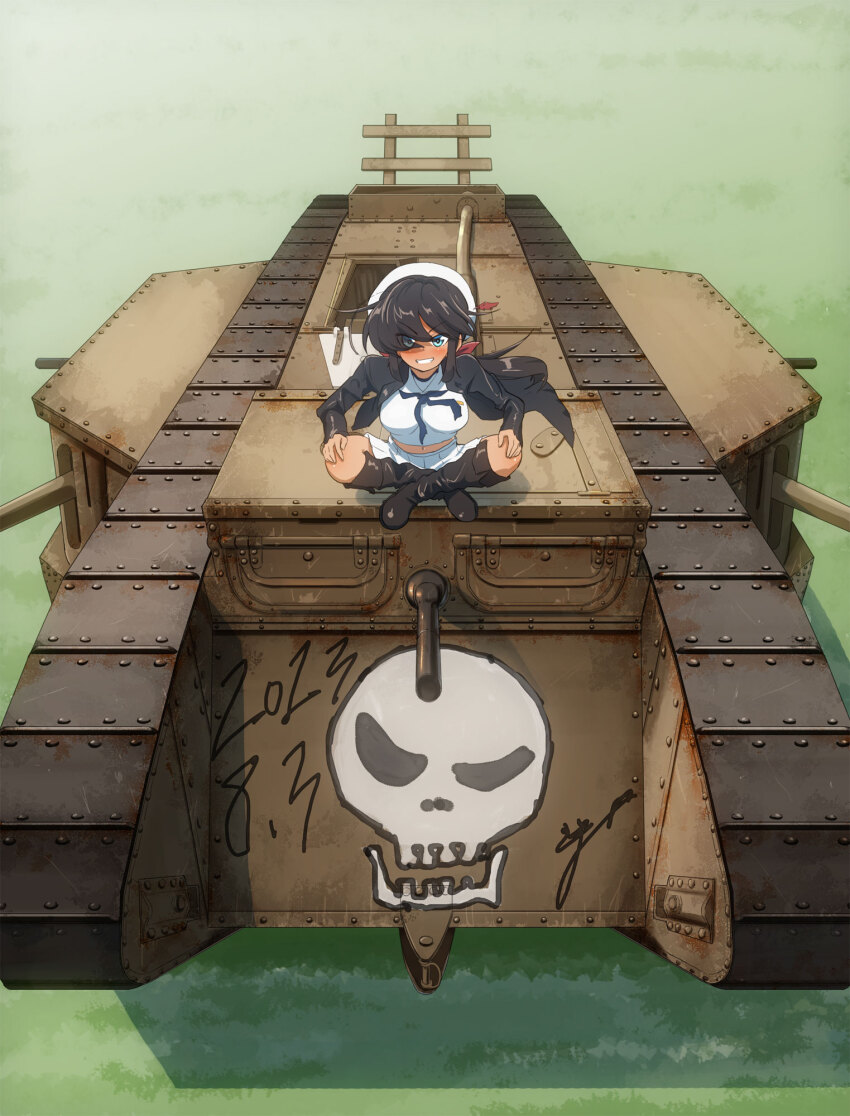 1girl artist_name black_boots black_coat black_eyes black_hair black_neckerchief blouse boots bow coat commentary dark-skinned_female dark_skin dated day dixie_cup_hat girls_und_panzer grin hair_bow hair_over_one_eye hands_on_own_knees hat hat_feather highres indian_style jinguu_(4839ms) knee_boots long_coat long_hair long_sleeves looking_at_viewer mark_iv_tank midriff military_hat military_vehicle miniskirt motor_vehicle navel neckerchief ogin_(girls_und_panzer) ooarai_naval_school_uniform open_clothes open_coat outdoors pleated_skirt ponytail red_bow sailor sailor_collar school_uniform shirt signature sitting skirt skull_print smile solo tank vehicle_focus white_hat white_shirt white_skirt wind