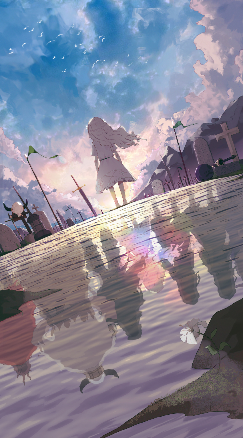3boys 4girls absurdres blue_sky cloud dark_witch_eleine different_reflection dress ender_lilies_quietus_of_the_knights fake_horns flower from_behind gerrod_the_elder_warrior grave guardian_siegrid guardian_silva highres horned_headwear horns lily_(ender_lilies) long_hair multiple_boys multiple_girls outdoors reflection reflective_water ryeon_(naturesan) sky sunrise sword tombstone ulv_the_mad_knight umbral_knight_(ender_lilies) water weapon white_dress white_flower white_hair