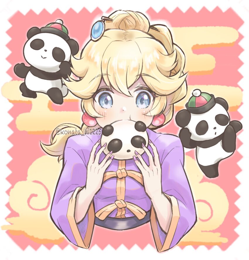 1girl artist_name blonde_hair blue_eyes braid braided_ponytail changpao chinese_clothes earrings hair_ornament hairpin high_ponytail highres jewelry konata_w1225 kung_fu_peach long_hair looking_at_viewer mario_(series) nintendo official_alternate_costume official_alternate_hairstyle panda ponytail princess_peach princess_peach:_showtime! purple_nails purple_shirt shirt solo sphere_earrings upper_body watermark