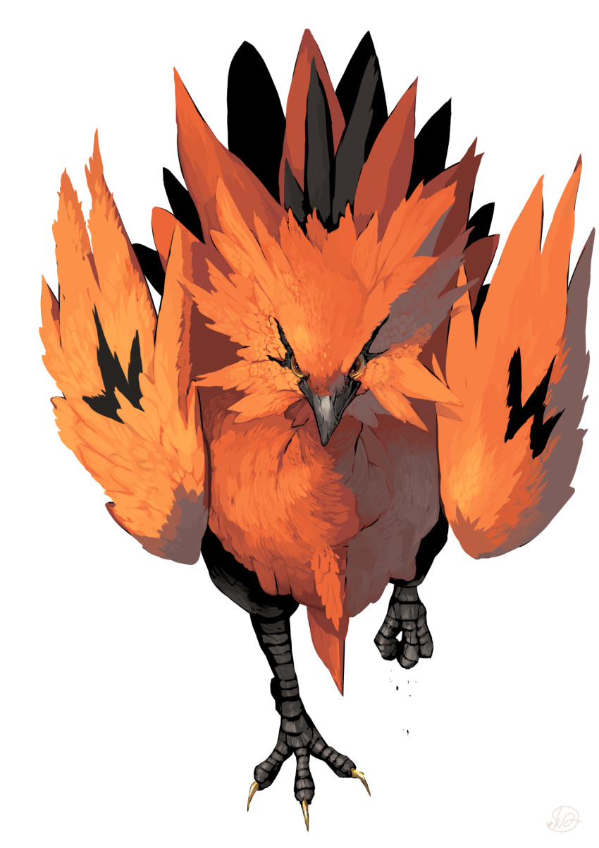 animal_focus brown_eyes closed_mouth colored_sclera feathered_wings full_body galarian_form galarian_zapdos gen_8_pokemon highres legendary_pokemon nintendo no_humans pokemon pokemon_(creature) pokemon_focus solo talons white_background wings yellow_sclera yunimaru