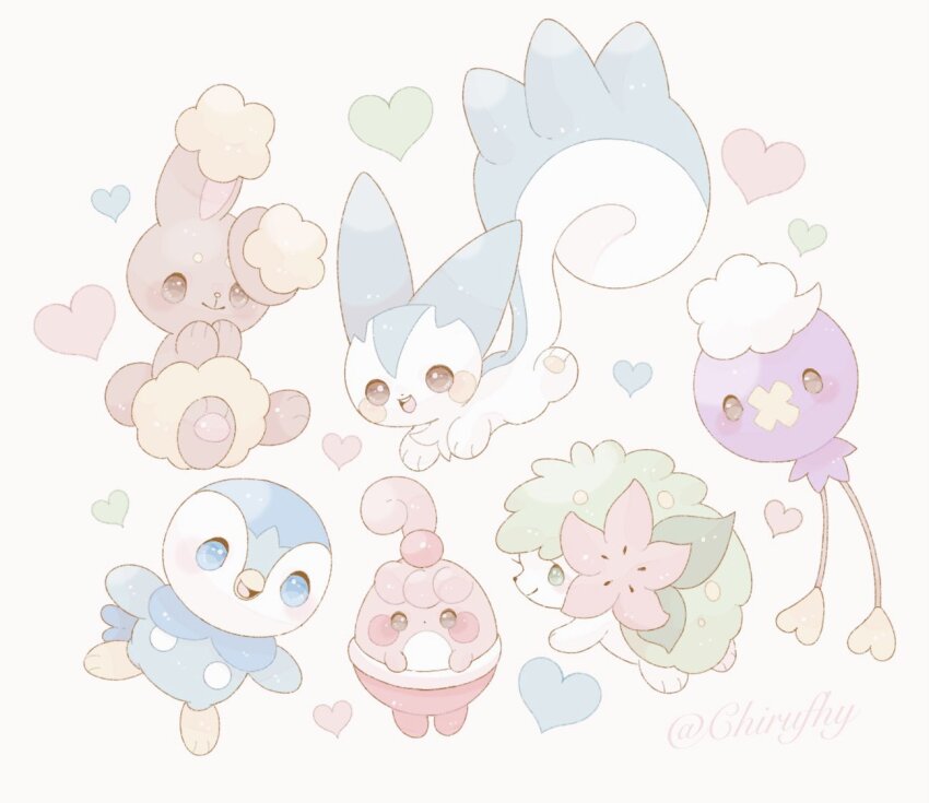 blue_eyes blush brown_eyes buneary closed_mouth commentary drifloon full_body game_freak gen_4_pokemon green_eyes happiny heart legendary_pokemon mythical_pokemon nintendo no_humans one_(chirufhy) open_mouth pachirisu piplup pokemon pokemon_(creature) shaymin shaymin_(land) smile symbol-only_commentary twitter_username