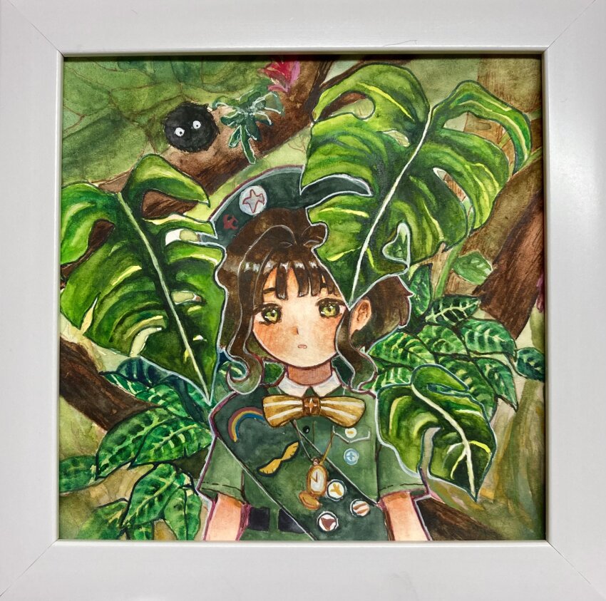 1girl absurdres badge beret bow bowtie brown_hair carbuncle_(reverse:1999) collared_dress creature dress eagle_(reverse:1999) forest girl_scout green_dress green_eyes green_hat green_sash hat highres looking_at_viewer monstera_deliciosa nature painting_(medium) picture_frame pocket_watch reverse:1999 sash scout_uniform short_hair short_sleeves shoulder_sash solo traditional_bowtie traditional_media upper_body watch watercolor_(medium) wonuwi yellow_bow yellow_bowtie