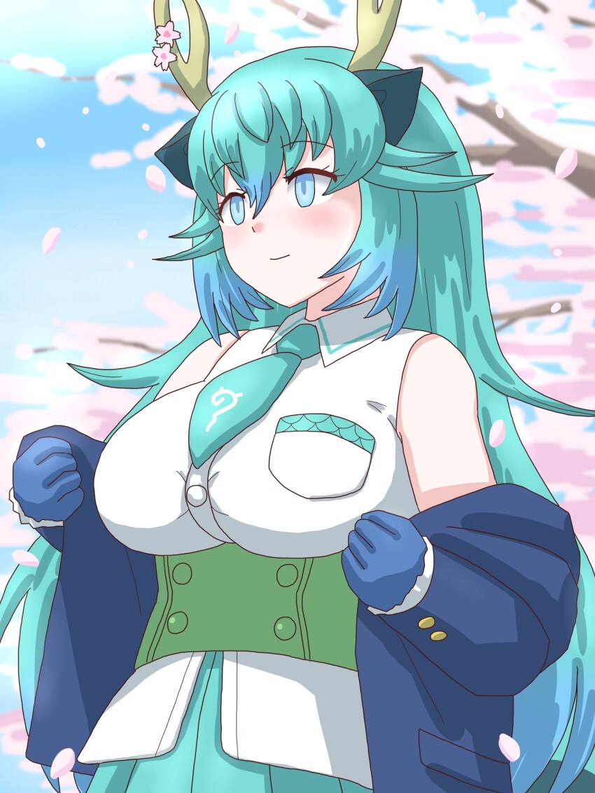 1girl animal_ears bare_shoulders belt blue_dragon_(kemono_friends) blue_eyes blue_gloves blue_hair blue_jacket blue_necktie blue_skirt blush cherry_blossoms collared_shirt cosplay cowboy_shot dragon_ears dragon_girl dragon_horns gloves green_belt hair_between_eyes highres horns jacket kemono_friends long_hair long_sleeves mukouyama_mu necktie pleated_skirt removing_jacket seiryuu_(kemono_friends) seiryuu_(kemono_friends)_(cosplay) shirt sidelocks skirt sleeveless smile solo white_shirt