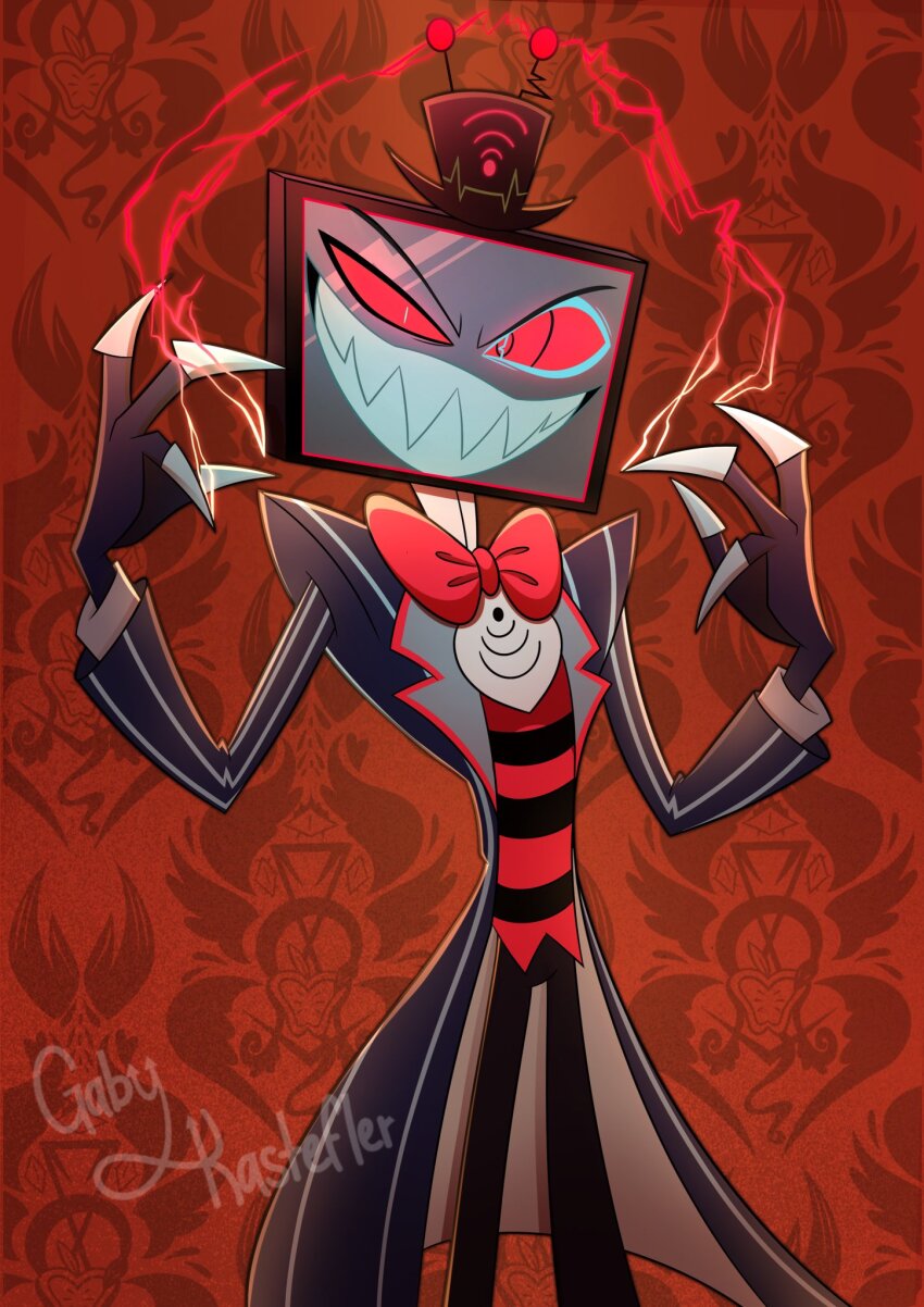 &gt;:) antennae bow demon electricity gaby_kastefler_(artist) hat hazbin_hotel highres jacket long_sleeves looking_at_viewer mini_hat mini_top_hat open_clothes open_jacket patterned_background red_bow red_eyes sharp_teeth solo striped_clothes teeth top_hat v-shaped_eyebrows vox_(hazbin_hotel)