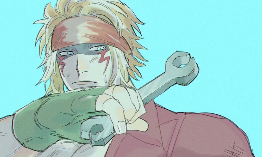 1boy alex_(street_fighter) arm_up blonde_hair blue_eyes closed_mouth collared_jacket facial_mark fingerless_gloves gloves green_gloves headband highres holding holding_wrench jacket looking_to_the_side luci_omi_gusu male_focus red_headband red_jacket sideways_glance solo street_fighter sweat upper_body wing_collar wrench