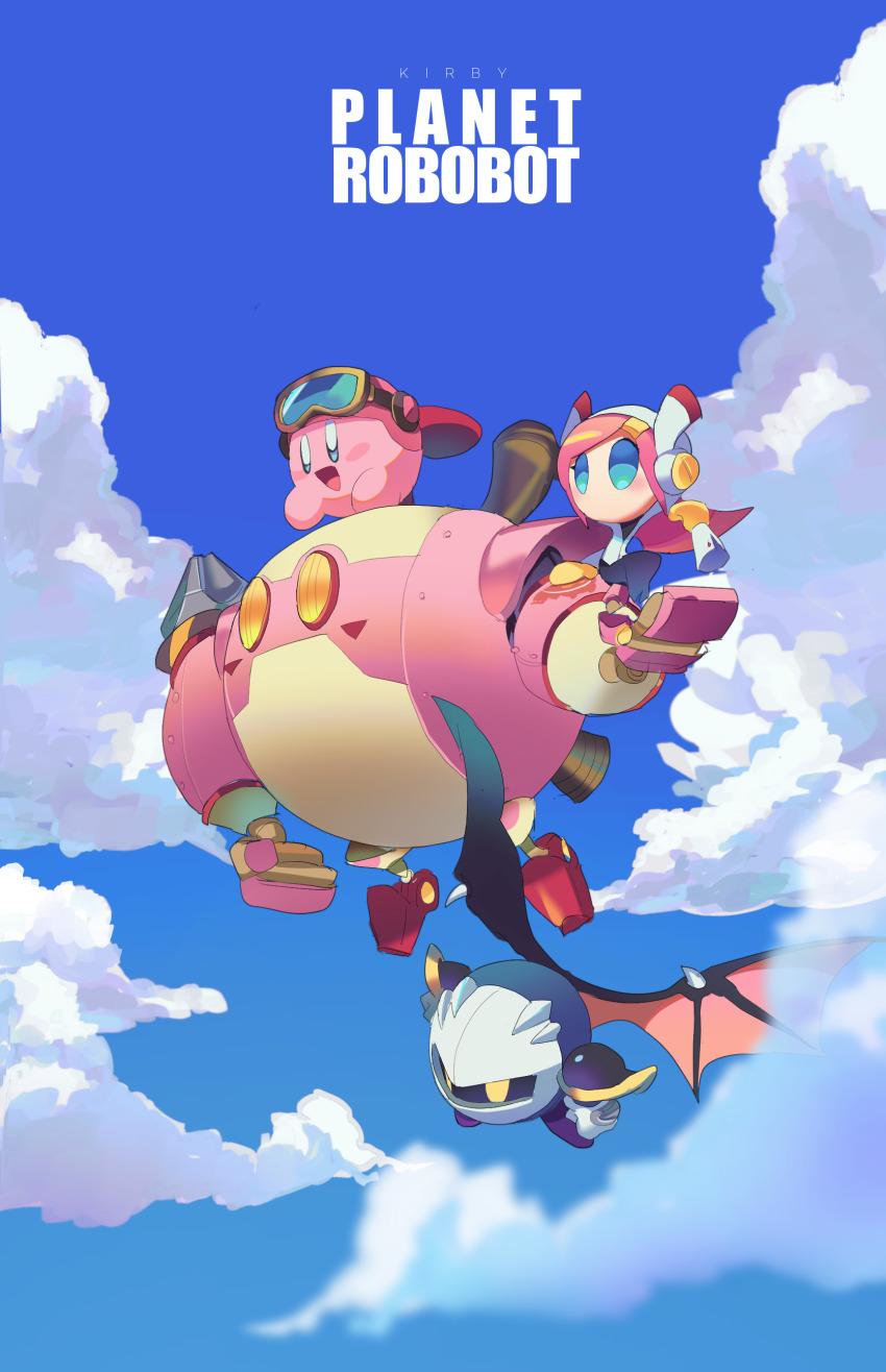 1girl absurdres bat_wings blue_eyes blue_sky cloud colored_skin copyright_name disembodied_hand flying goggles highres kirby kirby:_planet_robobot kirby_(series) mask mecha meta_knight nintendo nt_26 pink_hair pink_skin rayman_limbs robobot_armor robot sky solid_oval_eyes susie_(kirby) wings yellow_eyes