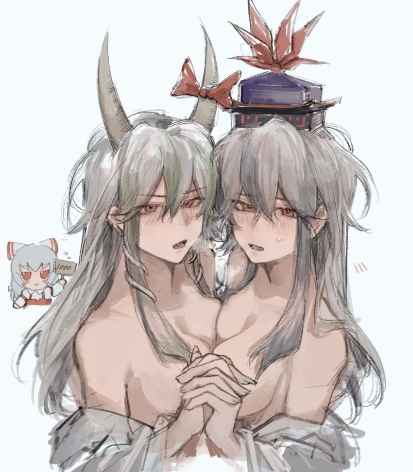 1203527227 asymmetrical_docking blue_hair blush bow breast_press breasts ex-keine fang fingernails fujiwara_no_mokou fumo_(doll) green_hair grey_hair hair_bow hat highres holding_hands horn_ornament horn_ribbon horns interlocked_fingers kamishirasawa_keine large_breasts long_hair long_sleeves multicolored_hair multiple_persona nipple-to-nipple open_mouth pants red_eyes red_pants red_ribbon ribbon saliva saliva_trail selfcest shirt shirt_partially_removed sidelocks simple_background suspenders tokin_hat touhou two-tone_hair white_background white_shirt