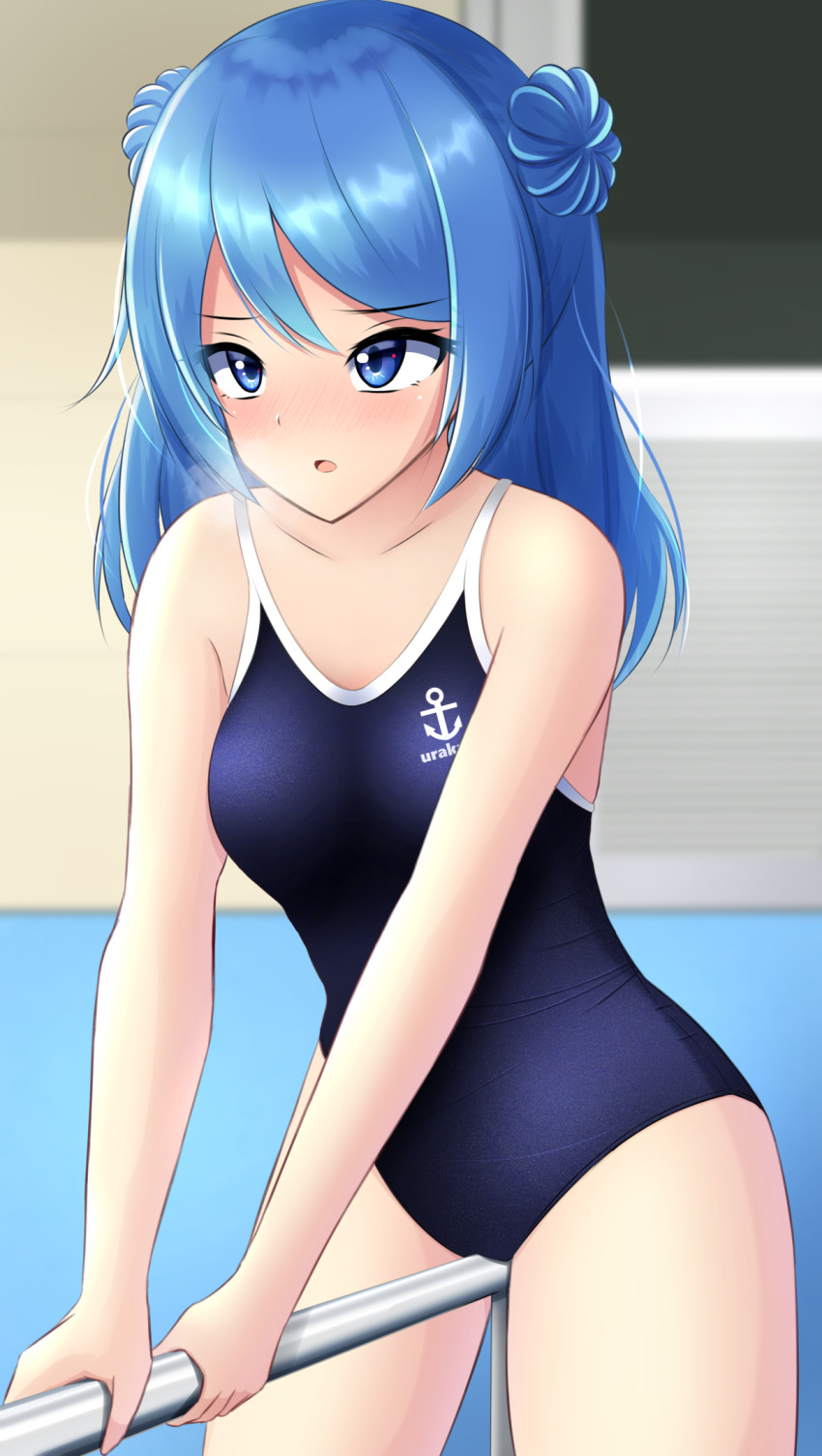 1girl anchor_symbol blue_eyes blue_hair blue_one-piece_swimsuit breasts breath cameltoe character_name collarbone competition_school_swimsuit crotch_rub double_bun female_masturbation hair_between_eyes hair_bun highres kantai_collection looking_at_viewer masturbation medium_breasts new_school_swimsuit nokonoko one-piece_swimsuit open_mouth outdoors school_swimsuit solo swimsuit thighs tube urakaze_(kancolle)