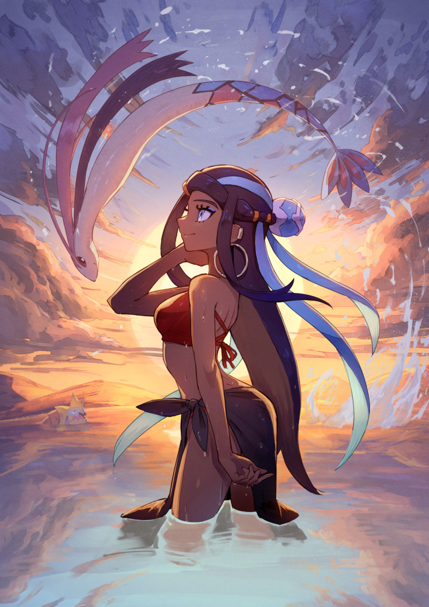 1girl bikini black_hair blue_eyes commentary_request dark-skinned_female dark_skin drednaw ear_piercing earrings gen_3_pokemon gen_8_pokemon highres hoop_earrings jewelry jumping kuroi_susumu milotic mountainous_horizon nessa_(pokemon) nintendo ocean piercing pokemon pokemon:_twilight_wings pokemon_(creature) pokemon_swsh red_bikini sarong smile swimsuit wading wet