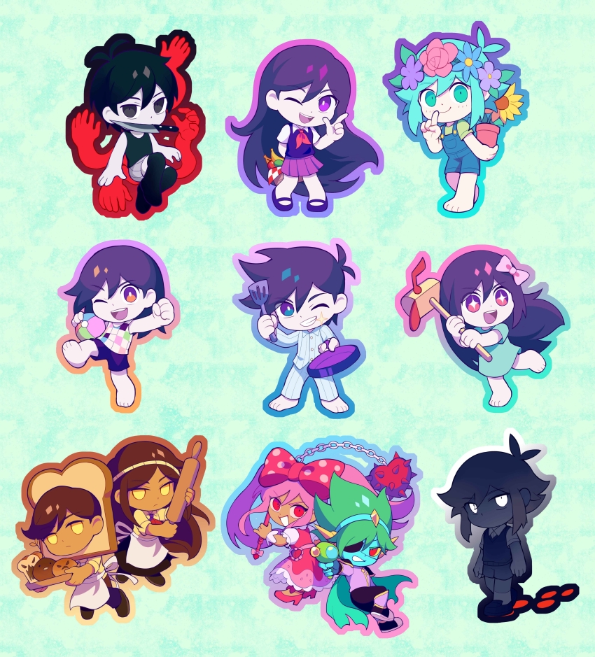 +_+ 4girls 6+boys absurdres apple apron aubrey_(headspace)_(omori) aubrey_(omori) bag banana barefoot basil_(headspace)_(omori) basil_(omori) biscuit_(omori) black_eyes black_hair black_shorts black_tank_top black_thighhighs blue_overalls blue_shirt brick_st brown_footwear brown_hair captain_spaceboy chibi closed_mouth colored_sclera colored_skin dark-skinned_female dark-skinned_male dark_skin doughie_(omori) flail flower flower_pot food footprints fruit frying_pan green_eyes green_hair green_shirt grin head_wreath hero_(headspace)_(omori) hero_(omori) high_heels highres holding holding_bag holding_flail holding_flower_pot holding_frying_pan holding_rolling_pin holding_spatula index_finger_raised kel_(headspace)_(omori) kel_(omori) knife knife_in_mouth long_hair looking_at_viewer mailbox_(incoming_mail) mari_(headspace)_(omori) mari_(omori) multiple_boys multiple_girls omori omori_(omori) one_eye_closed open_mouth overall_shorts overalls pajamas parted_lips pear picnic_basket pink_eyes pink_hair pink_shoes plant pleated_skirt potted_plant purple_eyes purple_hair purple_skirt red_eyes rolling_pin shirt shoes short_hair short_sleeves shorts skirt smile spatula stranger_(omori) sunflower sweetheart_(omori) tank_top teeth thighhighs upper_teeth_only weapon white_apron white_skin yellow_eyes yellow_sclera