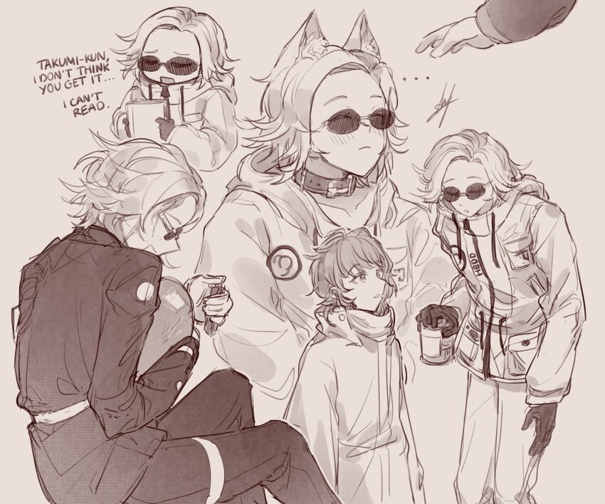 1girl 2boys absurdres animal_ears aotsuki_eito black_gloves blind blush bomb book cat_ears closed_mouth collar collarbone english_text explosive glasses gloves greyscale highres holding holding_bomb holding_book long_hair long_sleeves male_focus monochrome multiple_boys multiple_views open_mouth sumino_takumi sunglasses the_hundred_line_-last_defense_academy- yaoi