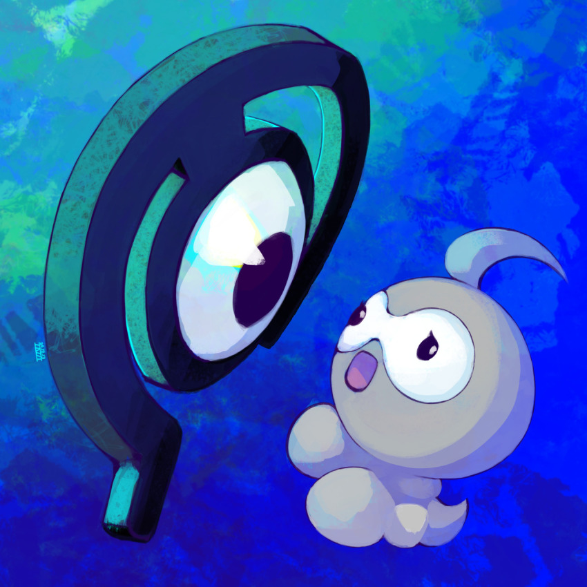:o black_eyes blue_background castform castform_(normal) commentary creature english_commentary eye_contact floating full_body gen_2_pokemon gen_3_pokemon gradient_background highres looking_at_another mopomoko nintendo no_humans pokemon pokemon_(creature) single_eye unown unown_c