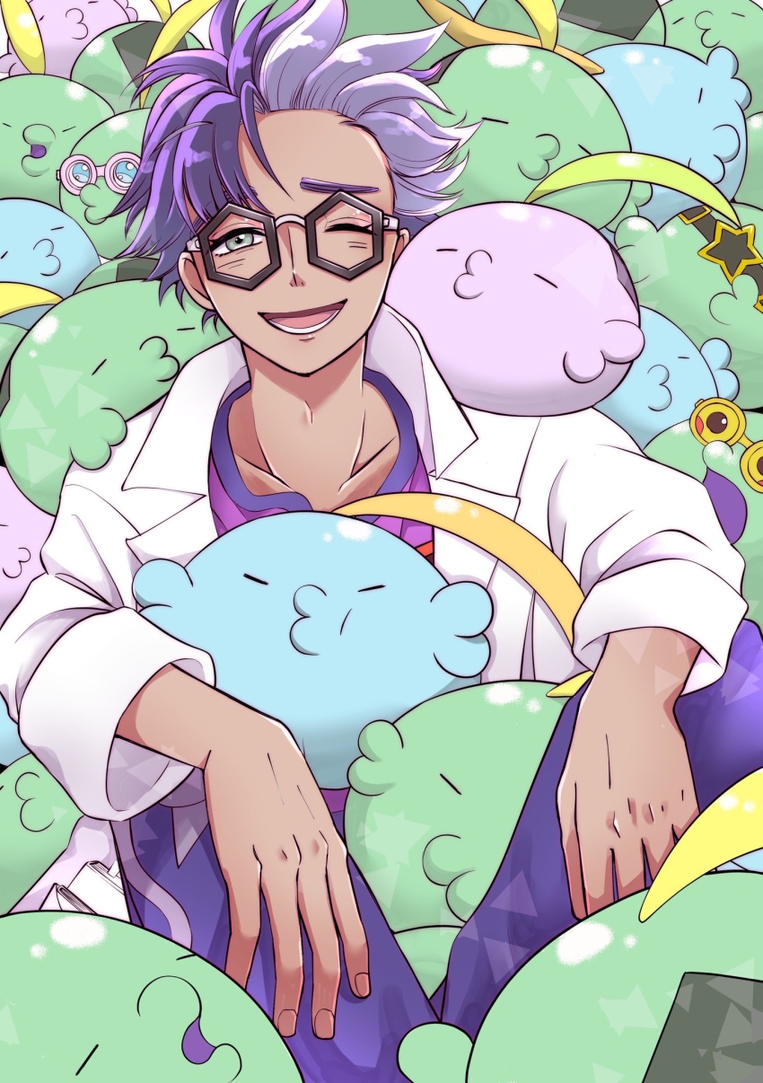 1boy :d alternate_color coat collarbone commentary_request game_freak gen_3_pokemon glasses grey_eyes gulpin happy highres jacq_(pokemon) looking_at_viewer lower_teeth_only male_focus nintendo one_eye_closed open_clothes open_coat open_mouth pants pokemon pokemon_(creature) pokemon_sv purple_shirt sakanashiworks shirt short_hair smile sunglasses teeth white_coat