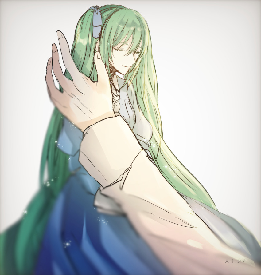 1girl blue_dress blue_ribbon clockworker&#039;s_doll closed_eyes doll dress evillious_nendaiki gallerian_marlon green_hair hair_ribbon hakoniwa_no_shoujo_(vocaloid) hatsune_miku highres houtei_no_nushi long_hair mini_person minigirl ribbon sketch smile solo_focus twintails very_long_hair vocaloid warabi_(danngo-mitarasi)