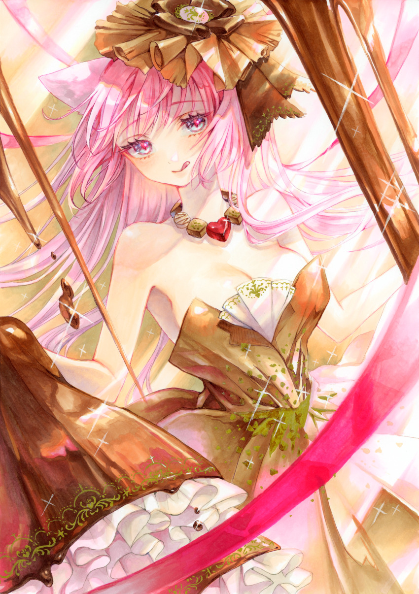 1girl :p absurdres animal_ears bare_arms bare_shoulders blue_eyes bow breasts brown_dress cat_ears chocolate cleavage cowboy_shot dai_dai_da dress floral_bow floral_bow_hair_ornament frilled_dress frills hair_bow hair_ornament heart heart_necklace highres holding jewelry large_breasts long_hair looking_at_viewer marker_(medium) necklace original pink_hair ribbon solo sparkle strapless strapless_dress tongue tongue_out traditional_media