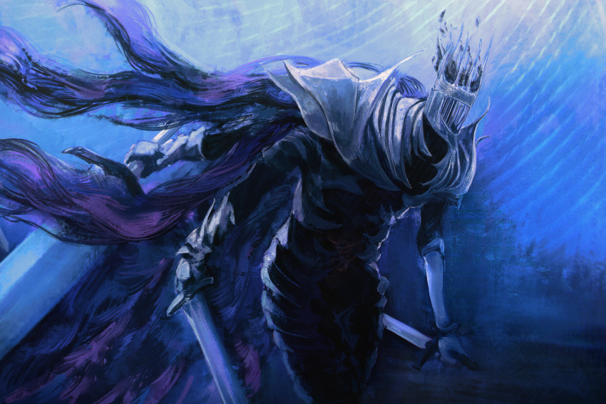 1other absurdres armor blue_theme cape elden_ring elden_ring_nightreign extra_arms full_armor gauntlets helmet heolstor_the_nightlord highres holding holding_sword holding_weapon kolario purple_cape shoulder_armor sword triple_wielding upper_body weapon
