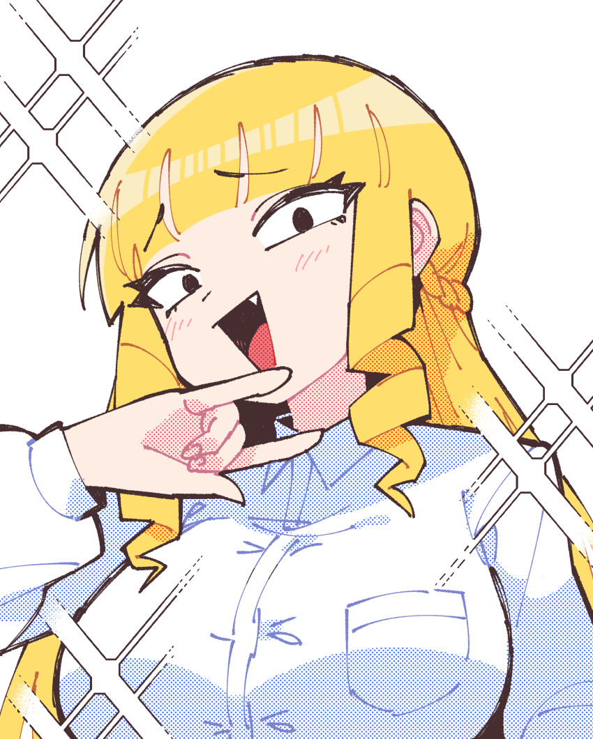 1girl absurdres blonde_hair blush breast_pocket breasts collared_shirt commentary_request drill_hair drill_sidelocks eyelashes fang highres kaneda_mochiko large_breasts long_hair long_sleeves mona_(monaka) mount_celeb_kaneda-san open_mouth pocket portrait shirt sidelocks simple_background smile smug solo sparkle w white_background white_shirt