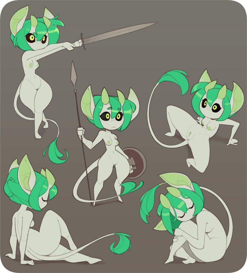 1girl breasts closed_eyes closed_mouth colored_skin commentary completely_nude crab_walk english_commentary fur-tipped_tail green_eyes green_hair green_horns green_skin grey_background head_on_knee highres holding holding_polearm holding_shield holding_sword holding_weapon horns huffslove hugging_own_legs large_ears medium_breasts medium_hair monster_girl multiple_views navel nude original outstretched_arms pointy_ears polearm pussy rounded_corners shield simple_background sitting spear spread_legs standing sword tail tail_raised thighs weapon wide-eyed