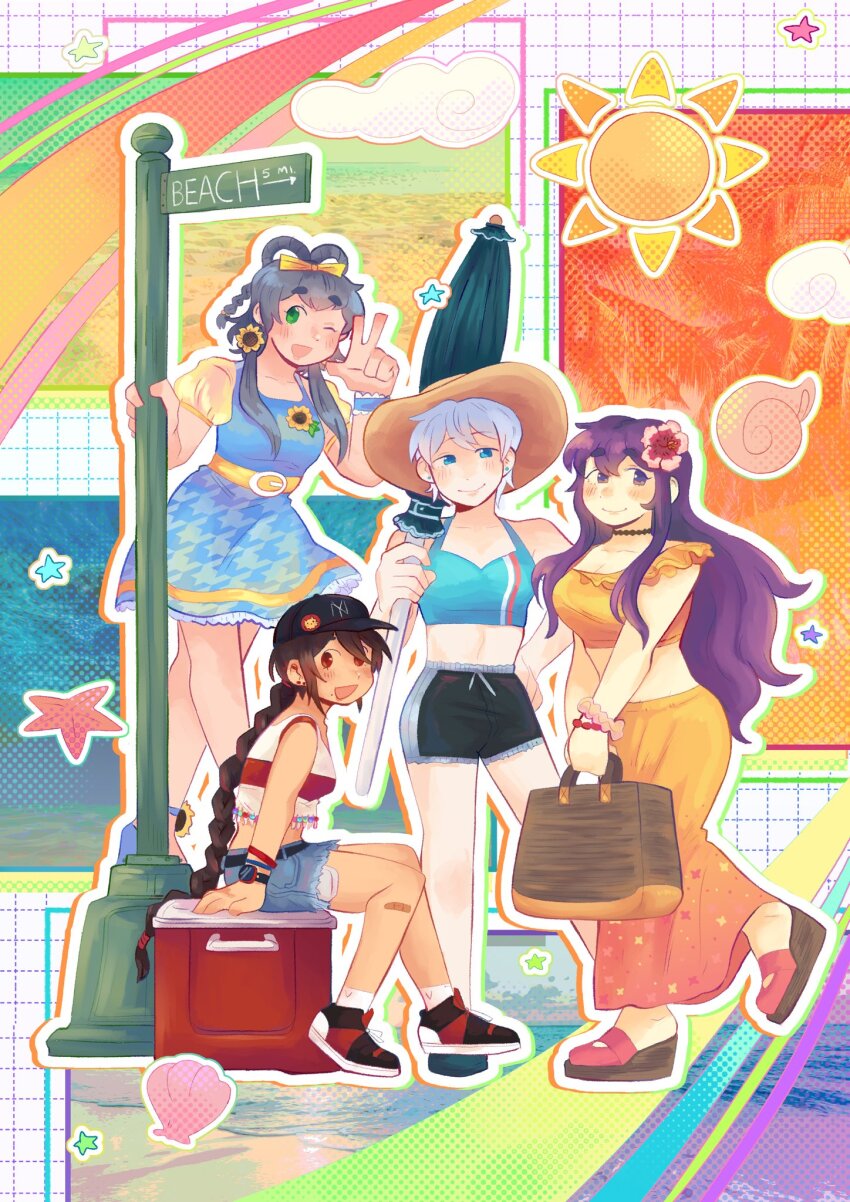 4girls :d ;d bag black_choker black_shorts blue_dress blue_eyes bow bracelet braid brown_bag brown_eyes brown_footwear brown_hair choker closed_mouth cloud commentary cooler denim denim_shorts dress english_commentary english_text flower frilled_shirt frills full_body green_eyes grey_hair grid hair_between_eyes hair_bow hair_flower hair_ornament hat highres holding holding_bag hoshizora_lone houndstooth jewelry long_hair looking_at_viewer luo_tianyi mo_qingxian multiple_girls one_eye_closed open_mouth orange_shirt orange_skirt puffy_short_sleeves puffy_sleeves purple_eyes purple_hair shell shirt shoes short_sleeves shorts sidelocks sign sitting skirt smile sneakers socks starfish striped_clothes striped_shirt sun sunflower torn_clothes torn_shorts v vocaloid vsinger_(vocaloid) watch white_hair white_socks yanhe yellow_bow yuezheng_ling
