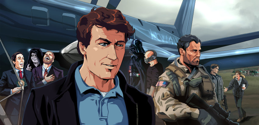 4chan 6+boys aircraft airplane american_flag american_psycho arnold_schwarzenegger assault_rifle bane baneposting batman_(series) beard big_guy business_suit character_request chris_evans christian_bale cia_(the_dark_knight_rises) crossover palpatine darth_vader dc_comics everyone facial_hair formal_clothes frown gun h&amp;k_mp7 heckler_&amp;_koch highres hood laughing machine_pistol male_focus mask meme multiple_boys otaking outdoors palpatine parody patrick_bateman personal_defense_weapon quentin_tarantino real_life rifle sky star_wars starbucks submachine_gun suit t-800 table terminator_(series) the_dark_knight_rises the_terminator trigger_discipline umbrella upper_body weapon