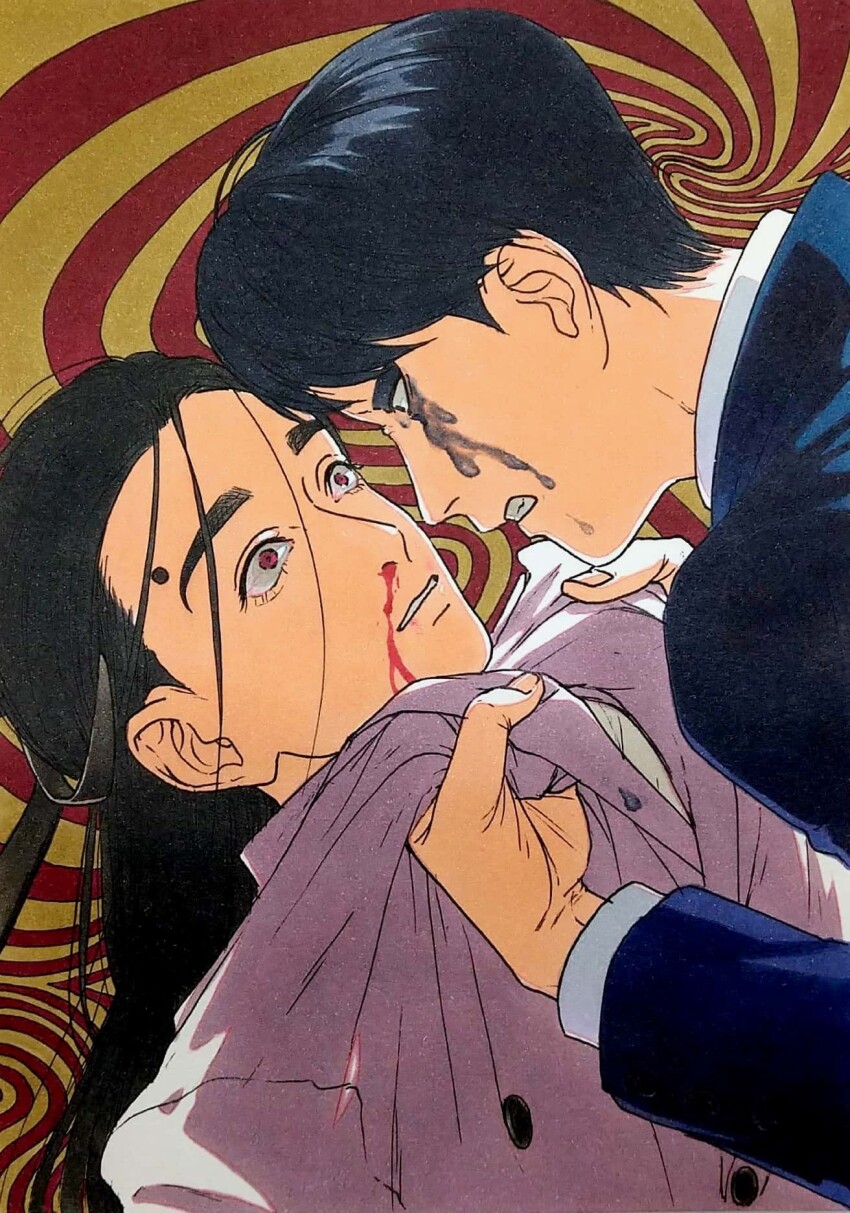 2boys 59awakadoy black_hair black_jacket blood clenched_teeth clothes_grab coat collar_grab commentary_request facial_mark forehead_mark grey_eyes highres jacket long_hair long_sleeves looking_at_another male_focus multiple_boys neckwear_grab nosebleed open_mouth original red_eyes short_hair teeth traditional_media trench_coat upper_body very_short_hair white_coat