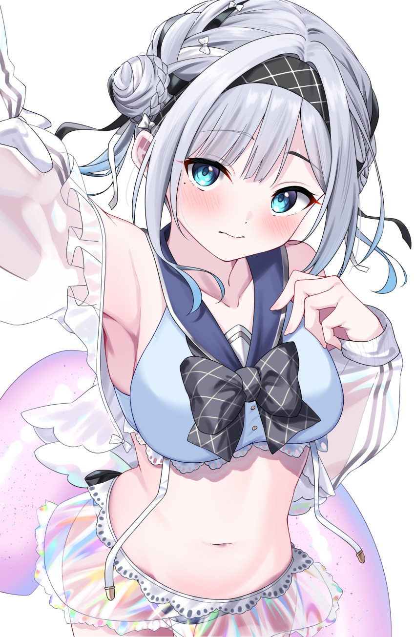 1girl arm_up armpits bikini black_bow black_bowtie black_hair black_hairband blue_bikini blue_eyes blue_hair blue_sailor_collar blush bow bowtie braid breasts collared_bikini double_bun frilled_jacket frills gradient_hair grey_hair hair_bun hairband highres jacket kaga_sumire kaga_sumire_(vspo!_summer_2024) lace lace-trimmed_bikini lace_trim looking_at_viewer medium_breasts medium_hair mole mole_under_eye multicolored_hair sailor_collar see-through_clothes see-through_jacket see-through_skirt see-through_sleeves side_braid simple_background skirt solo stomach streaked_hair swimsuit syurimp virtual_youtuber vspo! white_background