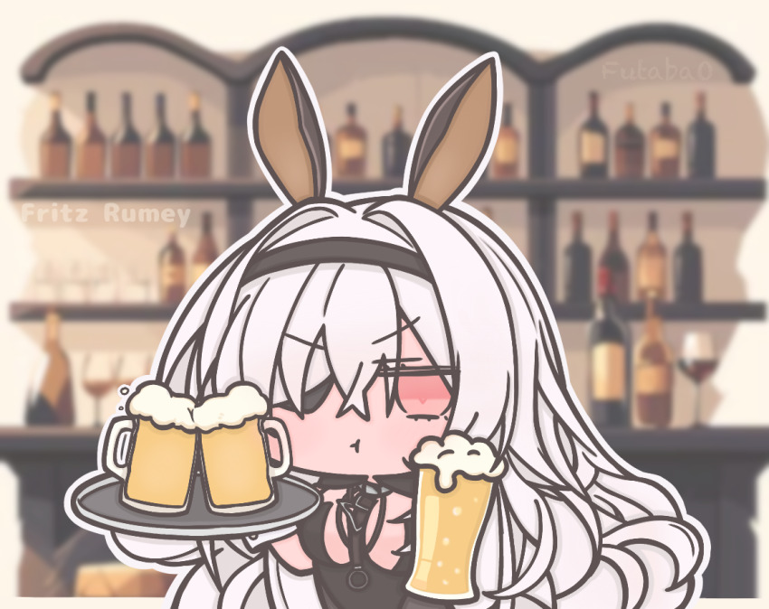1girl alcohol animal_ears armlet azur_lane bar_(place) beer beer_mug black_leotard black_pantyhose blurry blurry_background bottle breast_curtain breasts character_name chibi chibi_only cleavage closed_mouth collar commentary counter crossed_bangs cup drinking_glass english_text eyepatch foam fritz_rumey_(azur_lane) fritz_rumey_(schwarzes_kaninchen)_(azur_lane) futaba_(anti_clockwise) grey_hair hair_ornament hair_over_shoulder highleg highleg_leotard holding holding_cup holding_tray indoors jewelry large_breasts leotard long_hair mug official_alternate_costume pantyhose playboy_bunny pout red_eyes rug see-through_breast_curtain see-through_clothes shelf strapless strapless_leotard symbol-only_commentary tray very_long_hair waitress white_hair wine_glass wrist_cuffs