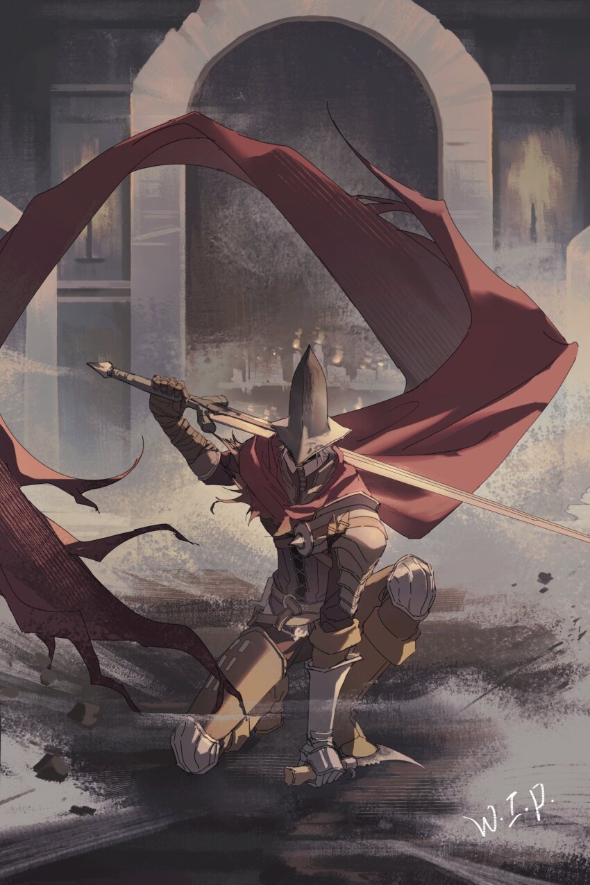 1boy abyss_watcher armor asymmetrical_dual_wielding cape commentary_request conical_hat dagger dark_souls_(series) dark_souls_iii dual_wielding geranbb highres holding holding_dagger holding_knife holding_sword holding_weapon knife male_focus on_one_knee red_cape solo sword unfinished weapon