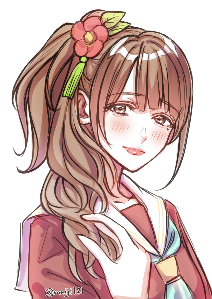 1girl :| absurdres aqua_neckerchief borrowed_hairstyle brown_dress brown_hair closed_mouth collarbone commentary_request dress flower hair_bun hair_flower hair_ornament hanamiya_nina hand_up hasu_no_sora_school_uniform highres link!_like!_love_live! lips long_hair long_sleeves love_live! meiji_(mosamoo3) mole mole_under_eye neckerchief otomune_kozue real_life red_flower sailor_collar sailor_dress school_uniform side_ponytail single_side_bun solo tassel tassel_hair_ornament twitter_username upper_body voice_actor voice_actor_connection white_sailor_collar winter_uniform