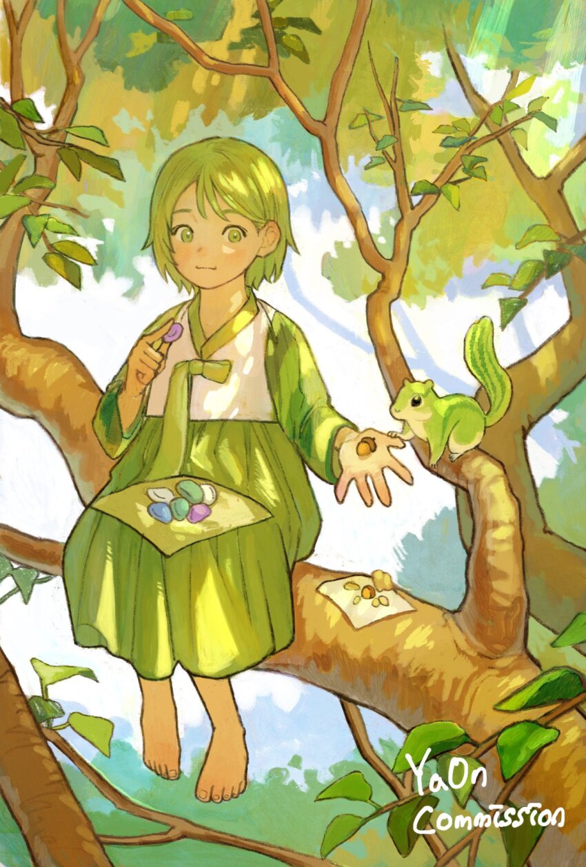 1girl acorn animal barefoot candy closed_mouth commentary_request commission dress food full_body green_eyes green_hair high_up highres holding korean_clothes leaf light_smile long_sleeves nature open_hand original outdoors plant short_hair sitting smile solo squirrel toes translation_request tree ya0n0524