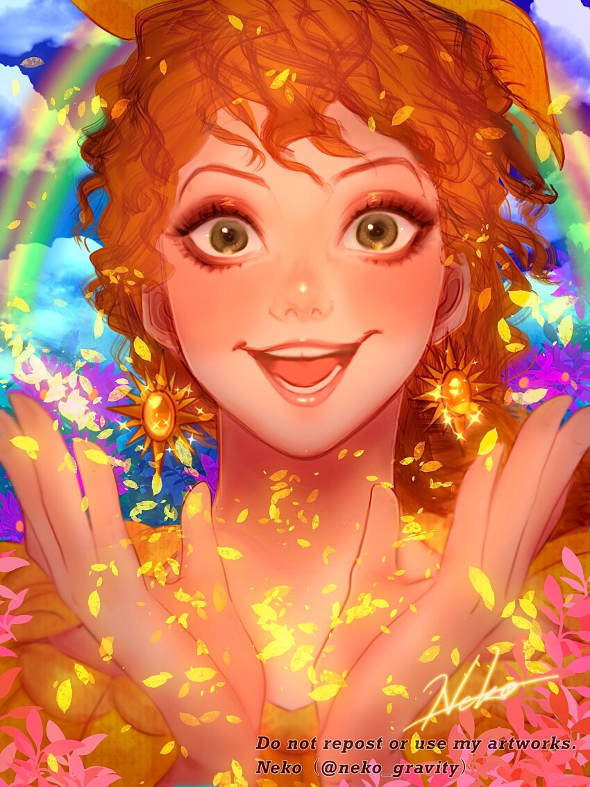 1girl absurdres animification arepa artist_name colombian_clothes dress earrings encanto highres jewelry leaf lips lipstick long_hair makeup nyamunekonabe orange_hair pepa_madrigal rainbow smile solo sun_earrings