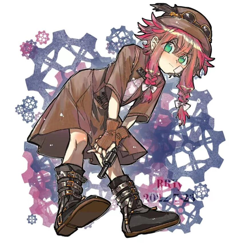arknights artist_name bandage_on_face bandages belt boots braid brown_dress brown_gloves brown_hat dated dress fingerless_gloves gears gloves goggles goggles_on_headwear green_eyes gun handgun hat hat_feather holding holding_gun holding_weapon may_(arknights) may_(elite_ii)_(arknights) pink_hair revolver rryy shirt short_hair_with_long_locks twin_braids weapon white_shirt