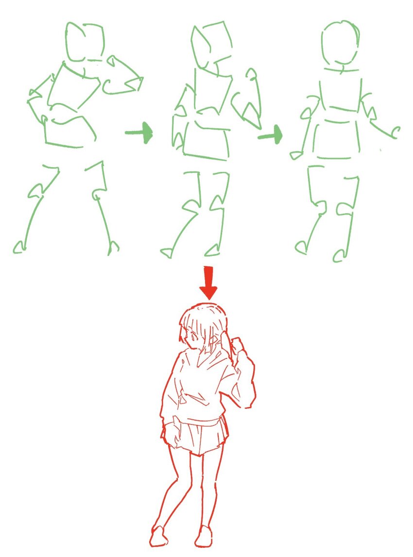 1boy 1girl barefoot beamed_eighth_notes beamed_sixteenth_notes eighth_note guide highres hood hood_down hoodie how_to long_sleeves monochrome musical_note oekakiism original pleated_skirt skirt solo standing