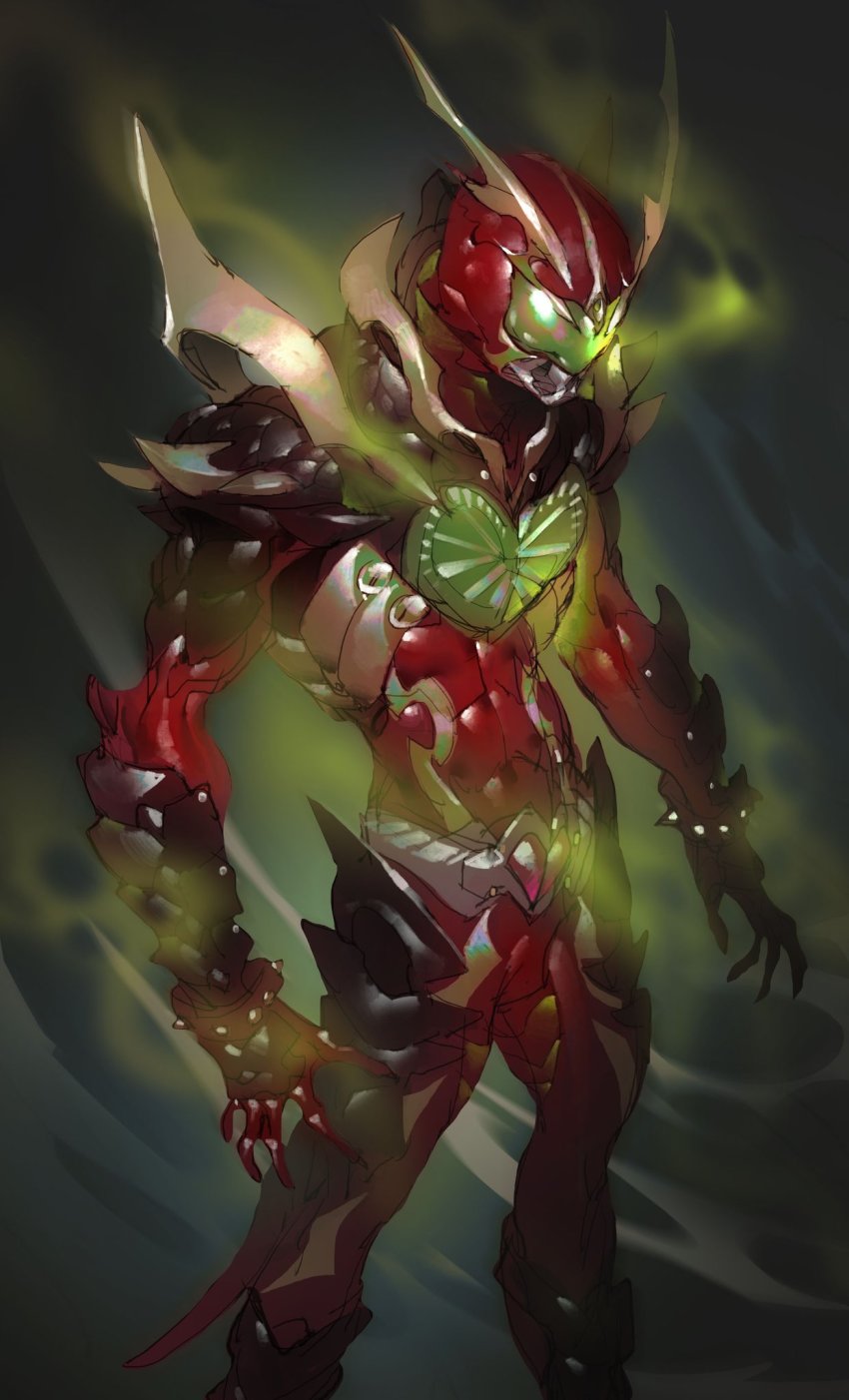 1boy aura belt bodysuit bow_(weapon) buckle helmet highres kamen_rider kamen_rider_blade_(series) kamen_rider_chalice machinery male_focus nicholas_f official_alternate_costume organic red_bodysuit solo weapon wild_chalice