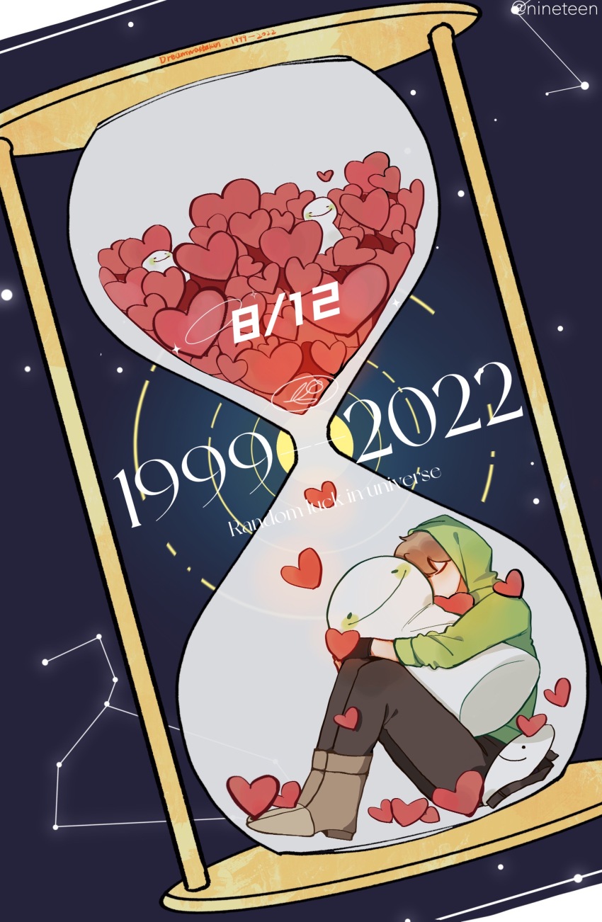 1999 1boy 2022 absurdres animification birthday black_gloves black_pants boots brown_boots character_doll chinese_commentary closed_eyes commentary_request constellation dream_(youtuber) dream_(youtuber)_(blob) english_text full_body gloves green_hoodie heart highres hood hood_up hoodie hourglass hugging_doll hugging_object in_hourglass leo_(constellation) light_brown_hair long_sleeves male_focus mask minecraft_youtube mini_person miniboy pants shijiushigechaojidalaji short_hair sitting smiley_face solo stuffed_toy unworn_mask watermark white_mask