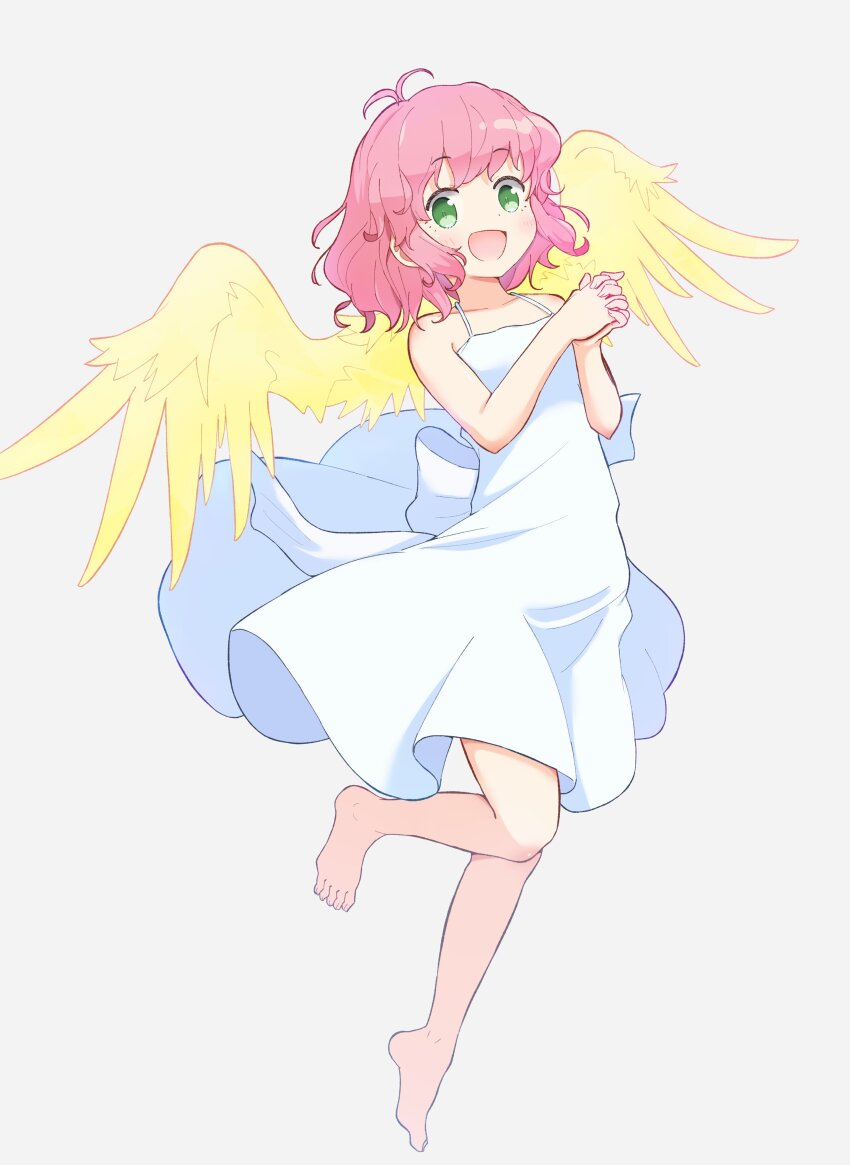 1girl absurdres angel_wings bare_legs barefoot bird_wings breasts dress feathered_wings feet full_body green_hair happy harpy_(puyopuyo) highres jazz_grace madou_monogatari music open_mouth pink_hair puyopuyo short_hair simple_background singing sleeveless sleeveless_dress small_breasts solo spaghetti_strap toes white_background white_dress wings yellow_wings