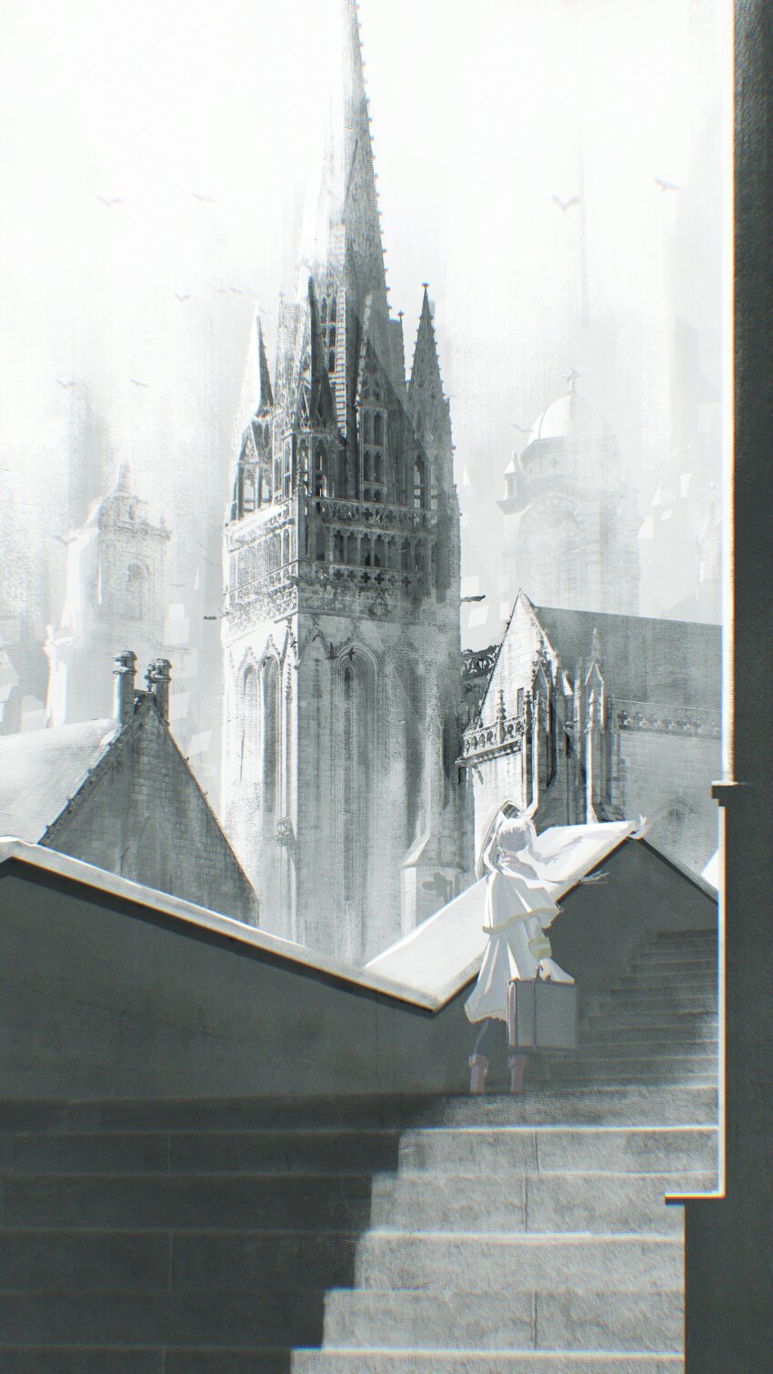 1girl absurdres architecture bird black_pantyhose boots brown_boots building capelet city day facing_away floating_hair frieren from_behind gold_trim gothic_architecture hashtag-only_commentary highres holding holding_suitcase house long_hair long_sleeves outdoors pantyhose reiartdayo scenery skirt solo sousou_no_frieren stairs standing suitcase tower twintails white_capelet white_hair white_skirt