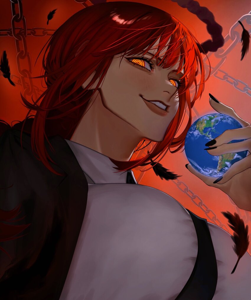 1girl black_jacket black_necktie braid braided_ponytail breasts chain chainsaw_man collared_shirt earth_(planet) feathers formal_clothes halo highres holding_planet jacket large_breasts lips long_hair long_sleeves looking_at_viewer makima_(chainsaw_man) medium_breasts medium_hair necktie planet red_background red_hair red_theme ringed_eyes shirt sideboob sidelocks siokosho_kinoko smile solo suit white_shirt yellow_eyes