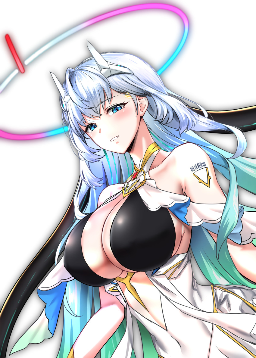 1girl absurdres aqua_hair arm_tattoo bare_shoulders belian_(epic_seven) black_dress blue_eyes blue_hair blush breasts center_opening collarbone covered_erect_nipples covered_navel curvy dress epic_seven gradient_hair green_hair gukukimu halo halter_dress halterneck highres large_breasts long_hair looking_at_viewer multicolored_hair revealing_clothes solo streaked_hair tattoo two-tone_dress underbust upper_body very_long_hair white_dress white_hair