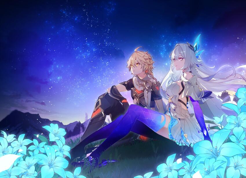 1boy 1girl absurdres aether_(genshin_impact) ahoge aiwo_o_lite bare_shoulders blonde_hair blue_flower braid breasts closed_mouth commentary crystal_shards dress english_commentary flower genshin_impact grey_hair hair_between_eyes hair_ornament highres long_hair looking_at_viewer medium_breasts pink_eyes purple_hands red_eyes second-party_source sideboob skirk_(genshin_impact) thighs very_long_hair white_dress white_hair yellow_eyes