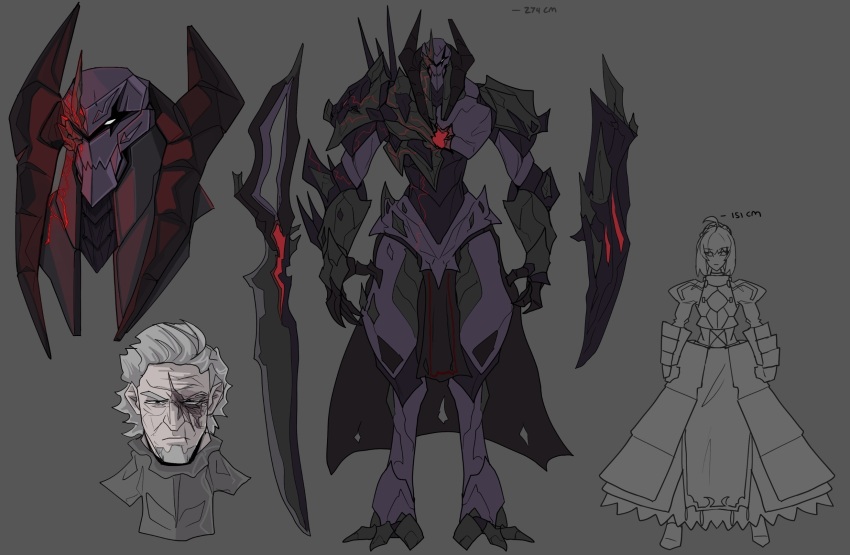 1boy 1girl armor artoria_pendragon_(fate) concept_art fate_(series) grey_hair helmet highres kamuify scar sword vortigern_(fate) weapon